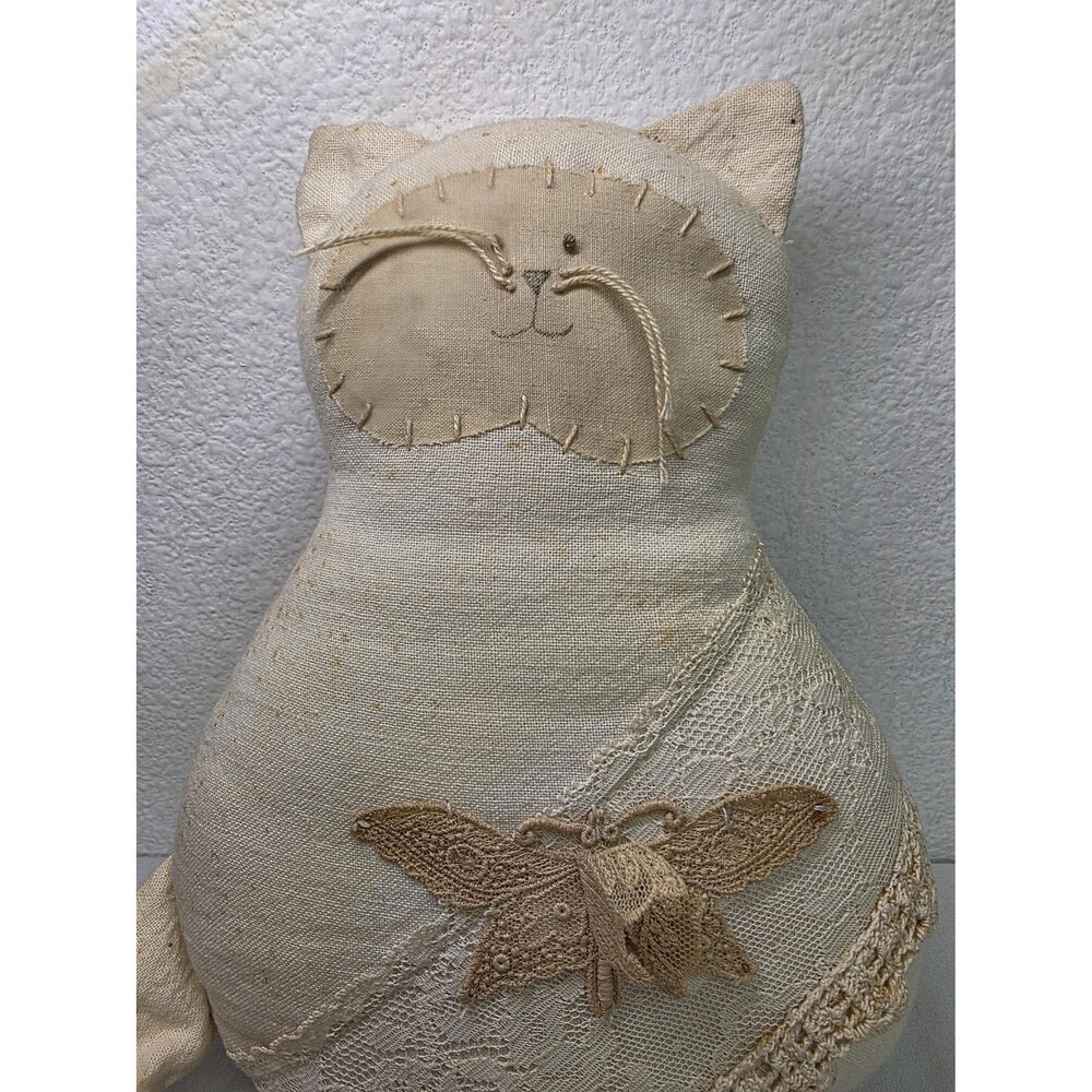 Vintage Handmade Fabric Cat Plush, Shabby Chic Lace Kitty Doll Cottagecore Decor - Picture 3 of 6